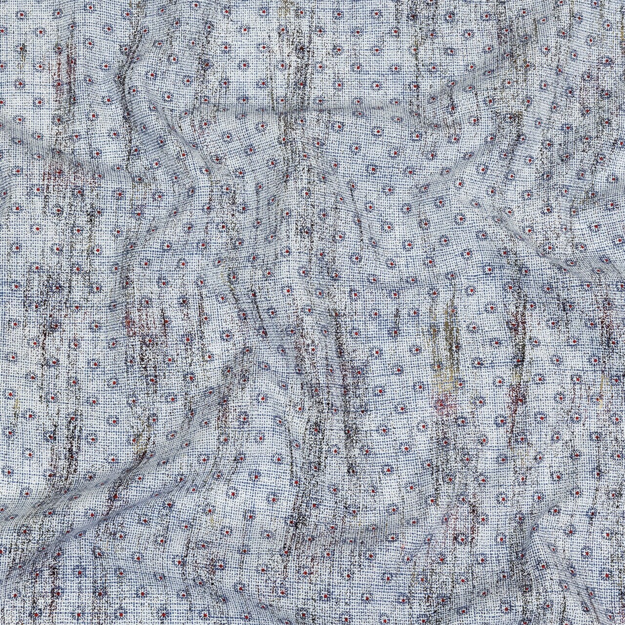 1 Yard Red and Blue Flowers and Dots Cotton and Polyester Shirting with Distressed Foil Topcoat Fabric